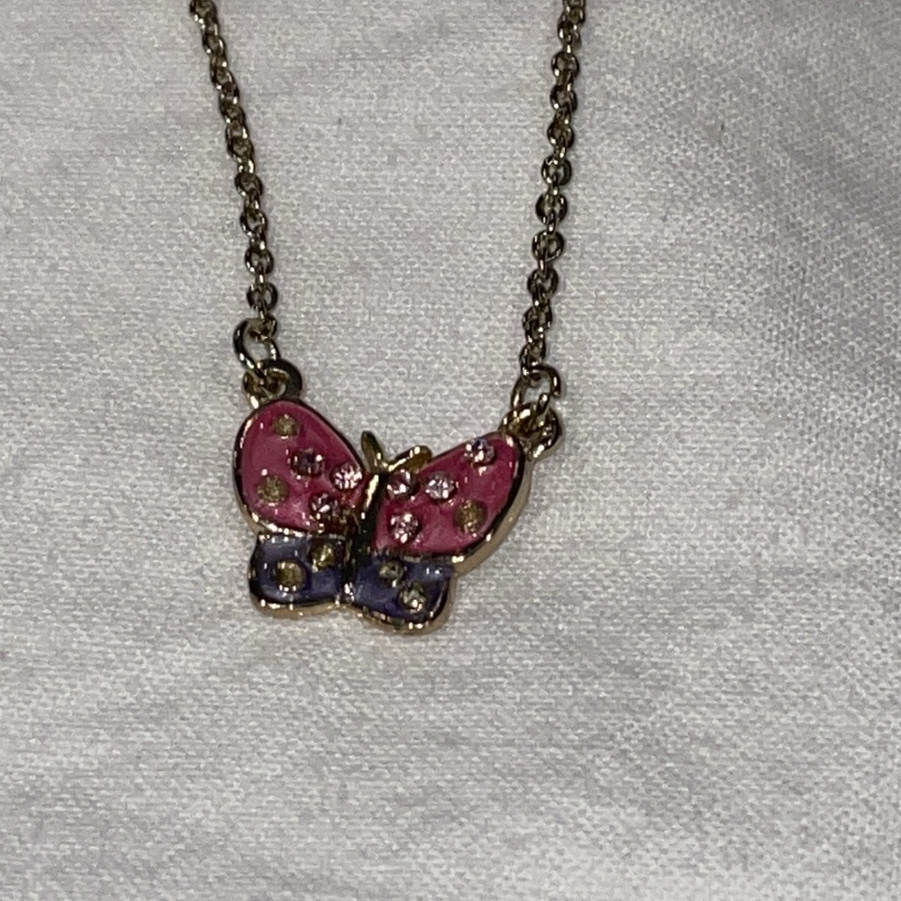 Gold tone pink purple clear cut crystal butterfly pendant necklace with bird ext - Picture 3 of 5